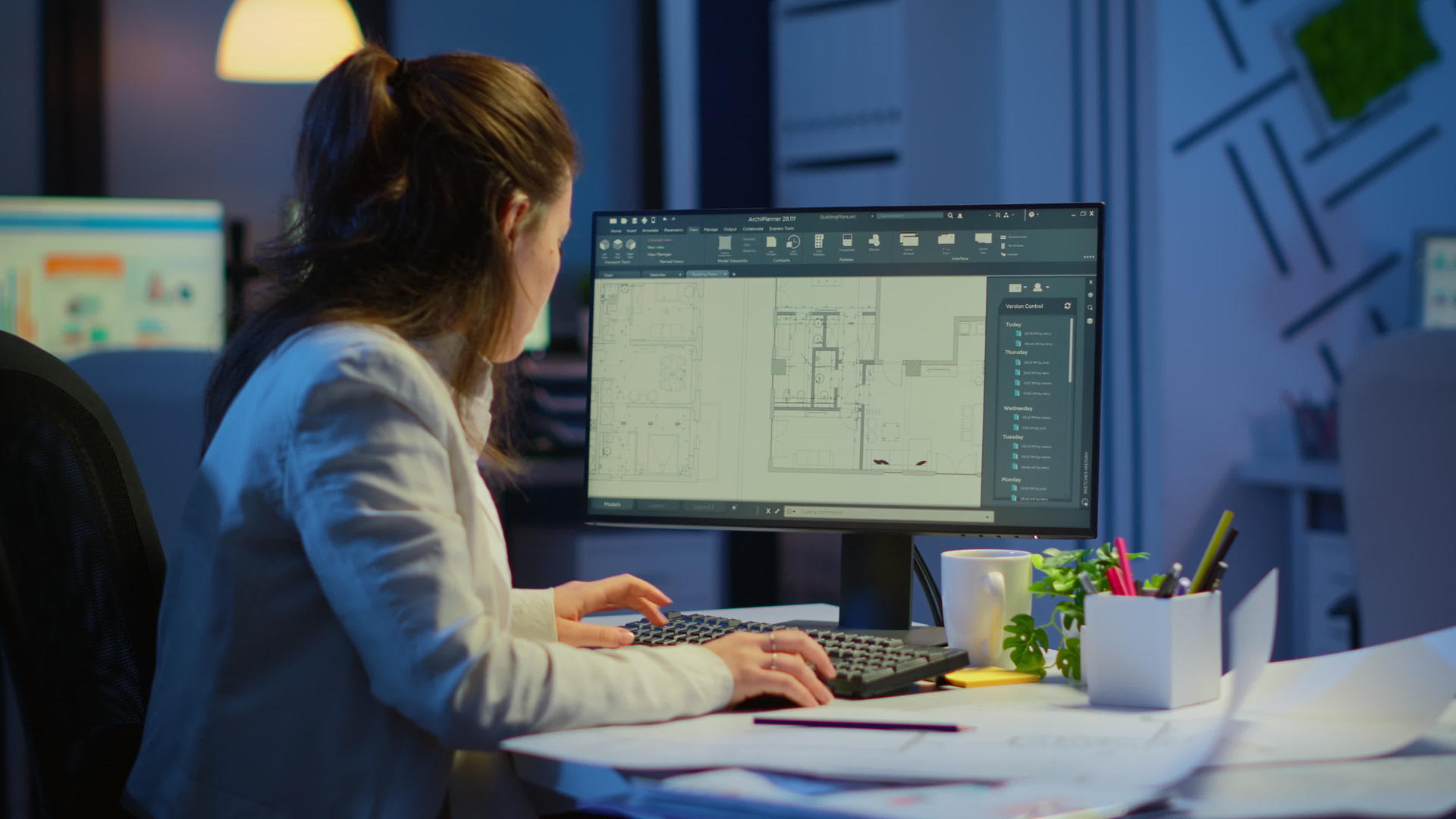 女性建筑师的数字图纸与蓝图相匹配视频的预览图