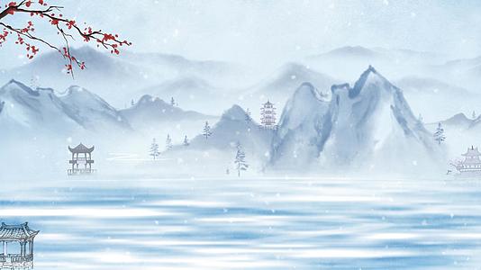中国风格湖边远山梅花雪景视频背景视频的预览图