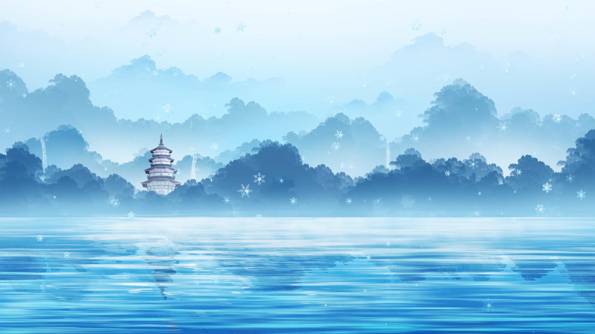 中国风冬天湖边雪景视频背景视频的预览图