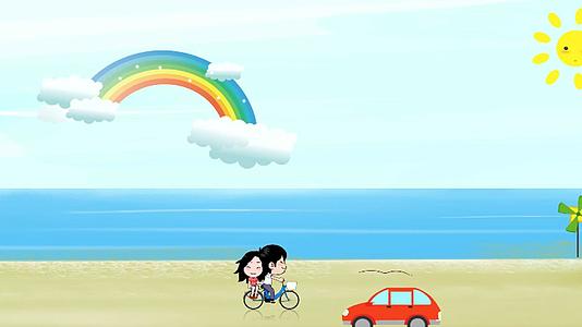 卡通沙滩情侣浪漫夏日旅行背景视频视频的预览图
