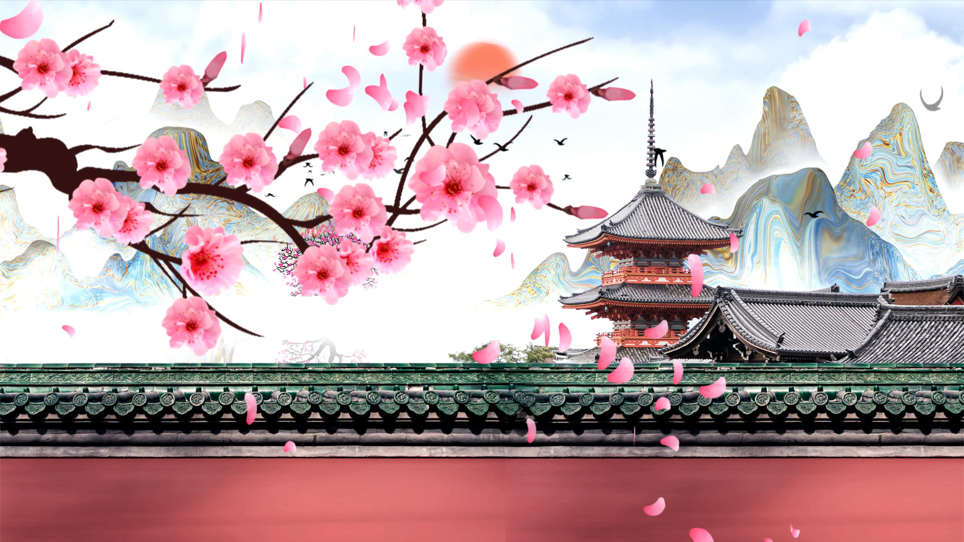 4K中国风建筑桃花盛开舞台背景视频视频的预览图