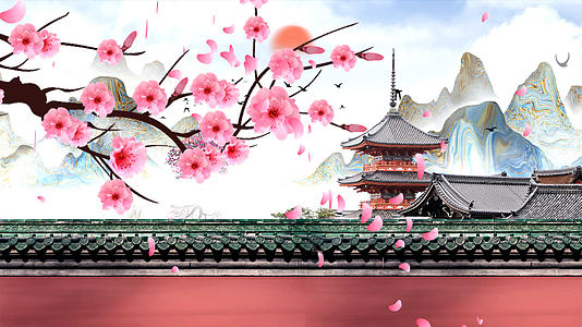 4K中国风建筑桃花盛开舞台背景视频视频的预览图