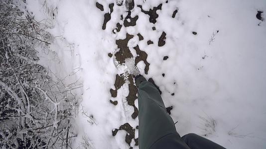冬天在树林狭窄的山坡上漫步视频的预览图