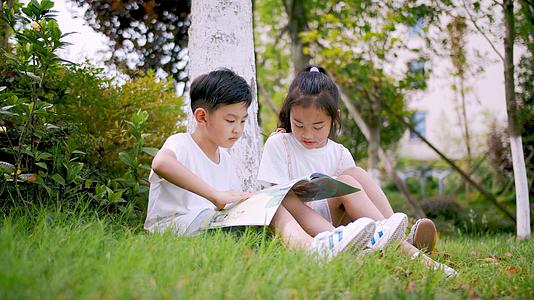 4k实拍小朋友在户外草地坐着认真看书视频的预览图