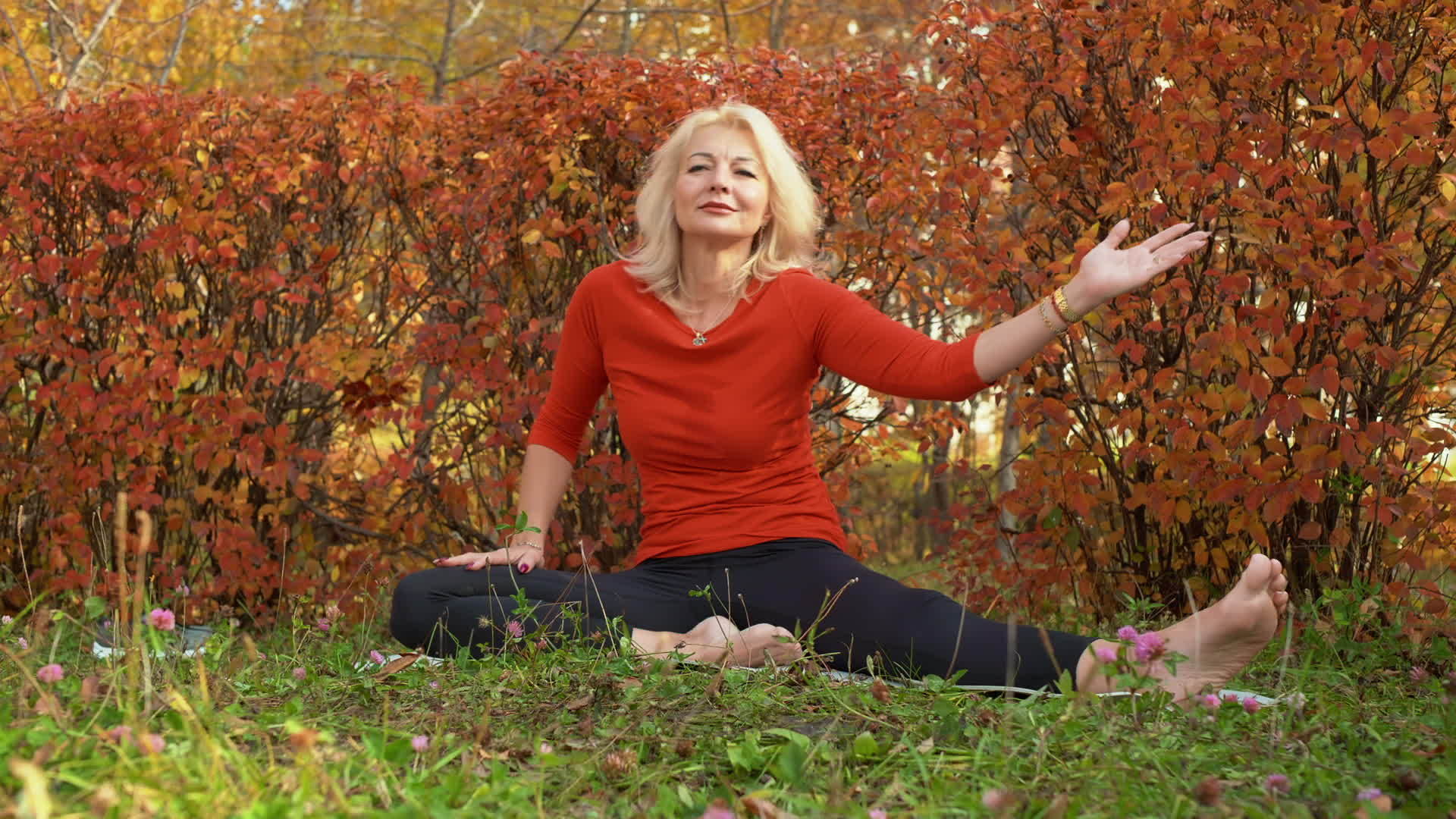 微笑的成熟女笑着在秋天公园的垫子上拉长视频的预览图