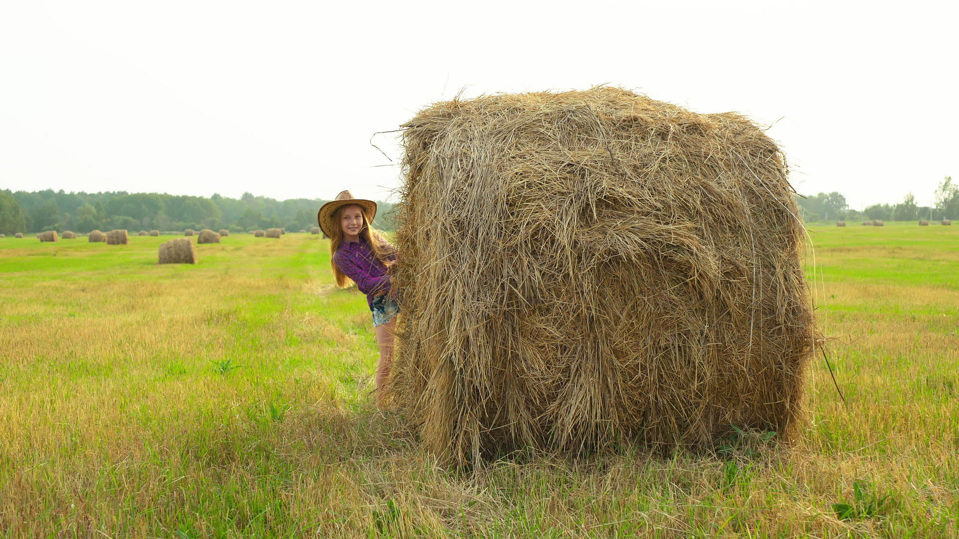 在村里的收割场上戴着帽子的女牛仔从干草堆里偷看戴着帽子视频的预览图