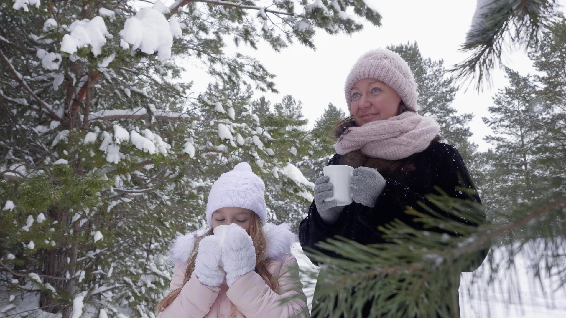 在寒冷的一天母亲和女儿喝了来自冬季森林茶杯的热茶视频的预览图