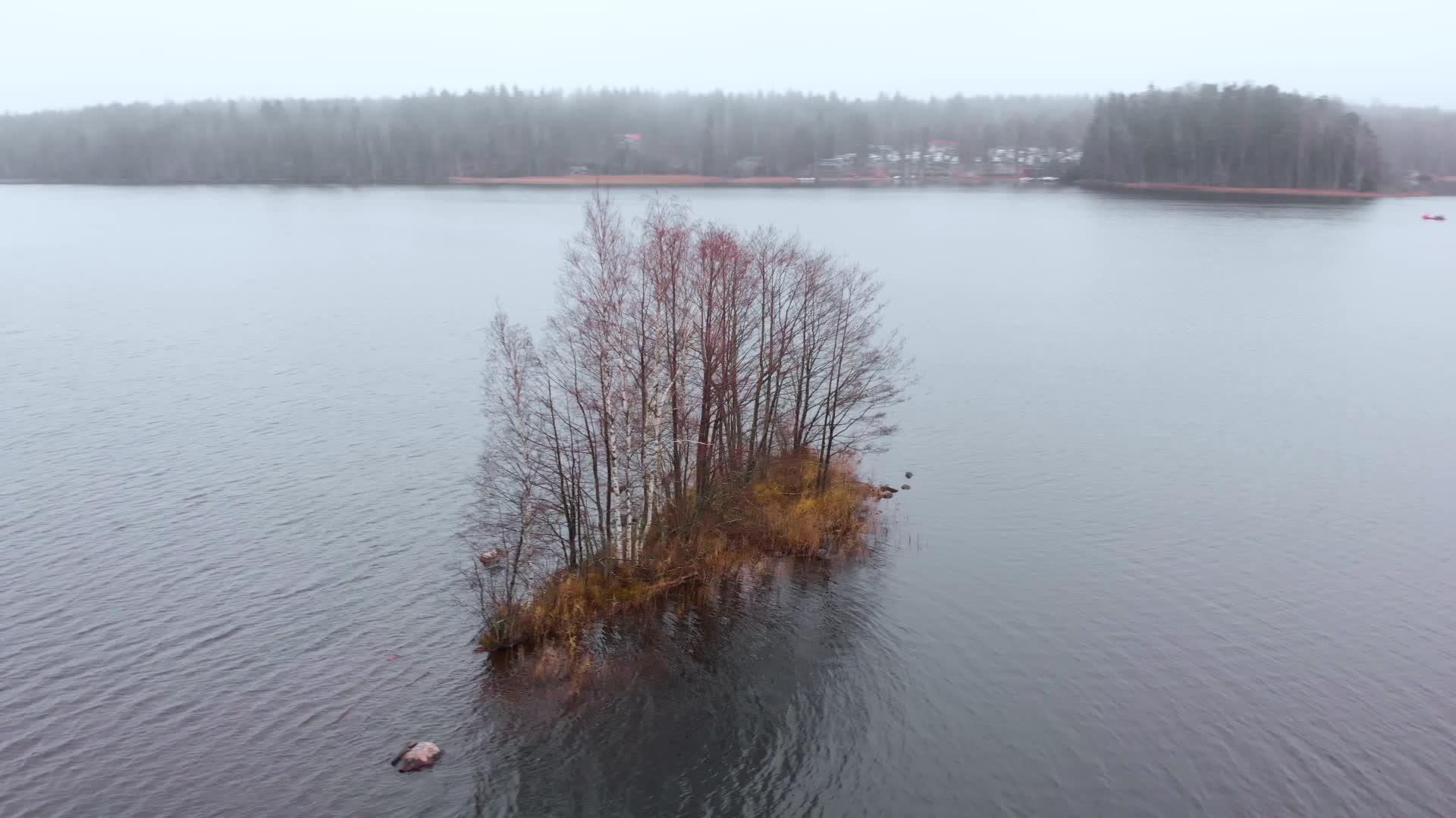 秋天全景在芬兰雾中湖边的小岛上视频的预览图
