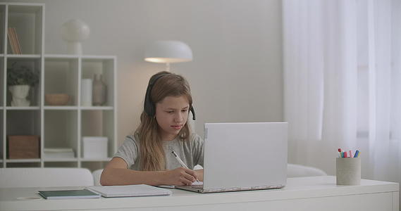 女孩们正在网上学习通过互联网与老师交流使用耳机和笔记本电脑视频的预览图