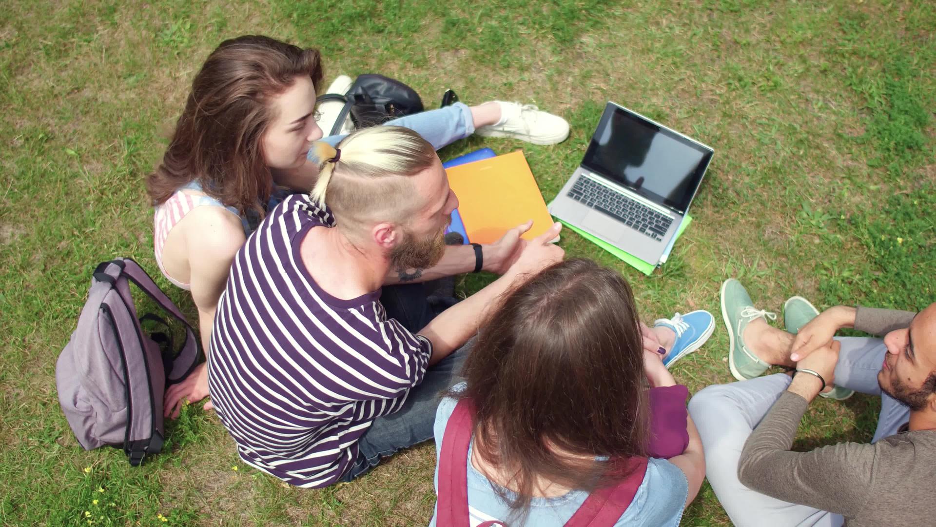 从上面看年轻学生坐在草地上交流视频的预览图