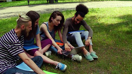 校园学生坐在草地上用笔记本电脑学习视频的预览图