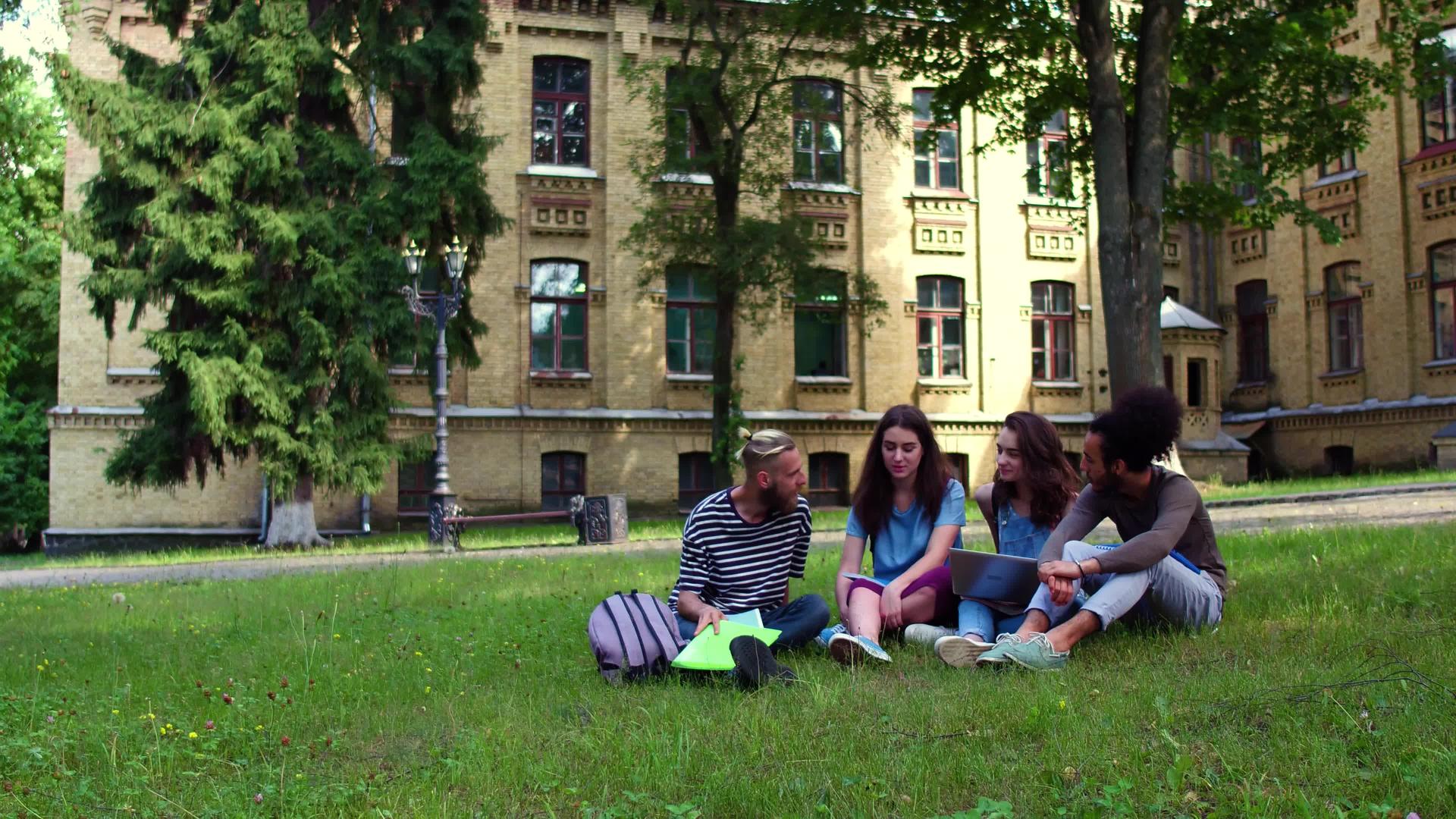大学花园里的大学生朋友在草坪上放松视频的预览图