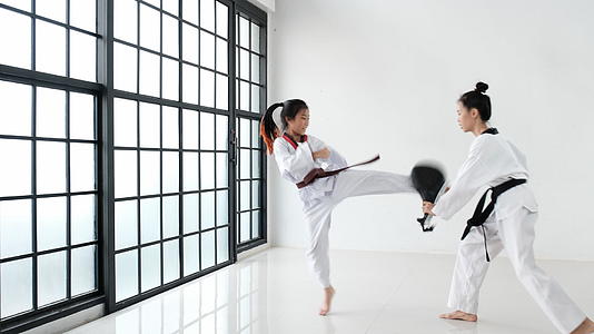 Taekwondo教练在健身房使用踢踏或训练工具练习视频的预览图