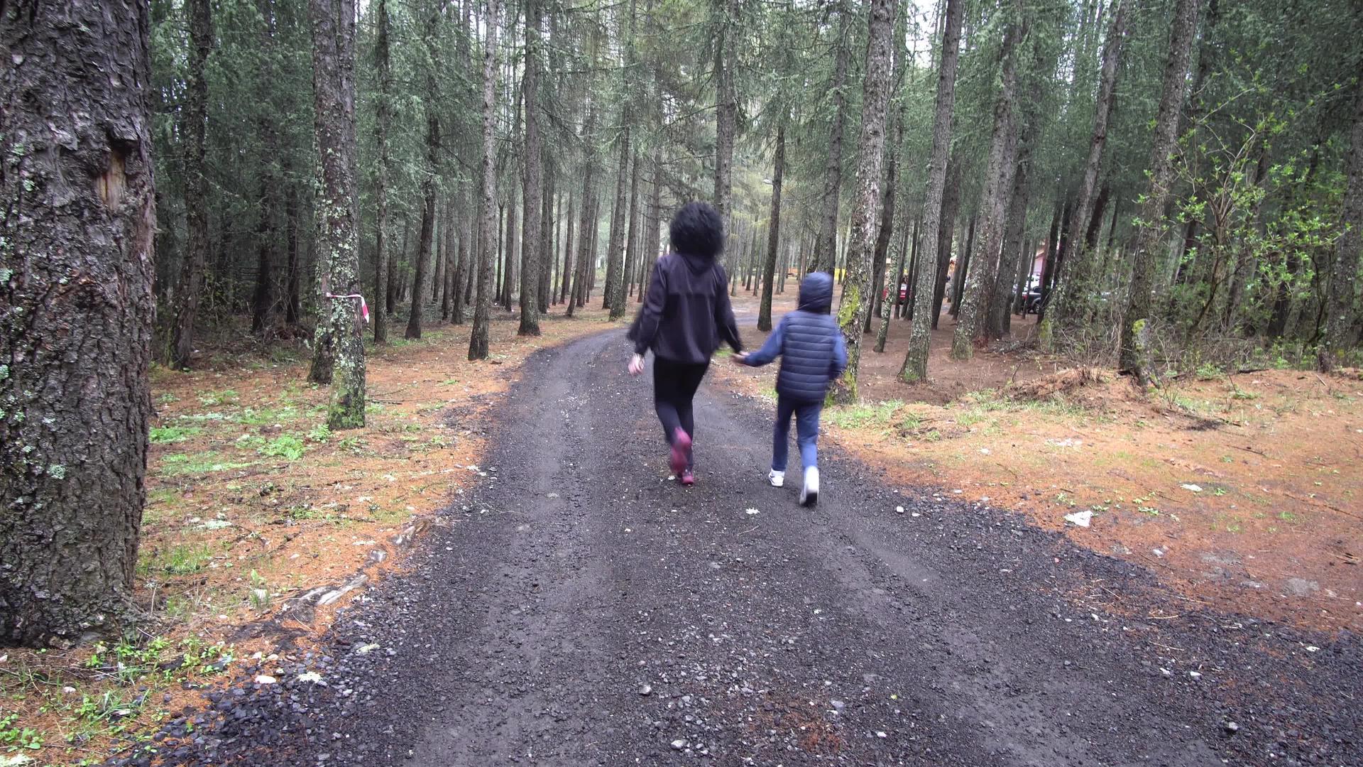幸福的家庭一起在森林里跑步和玩耍手拉手视频的预览图