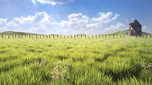 晴朗蓝天风车草原草地三维场景视频的预览图