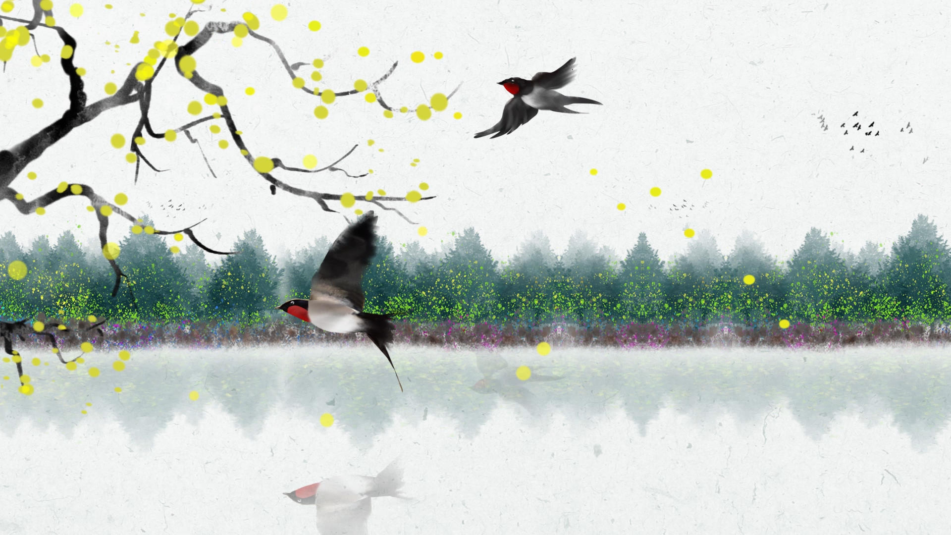湖边飞鸟唯美水墨动态背景视频的预览图