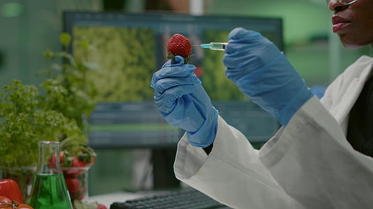 科学家使用生物学家dna注入草莓和草莓的液体视频的预览图