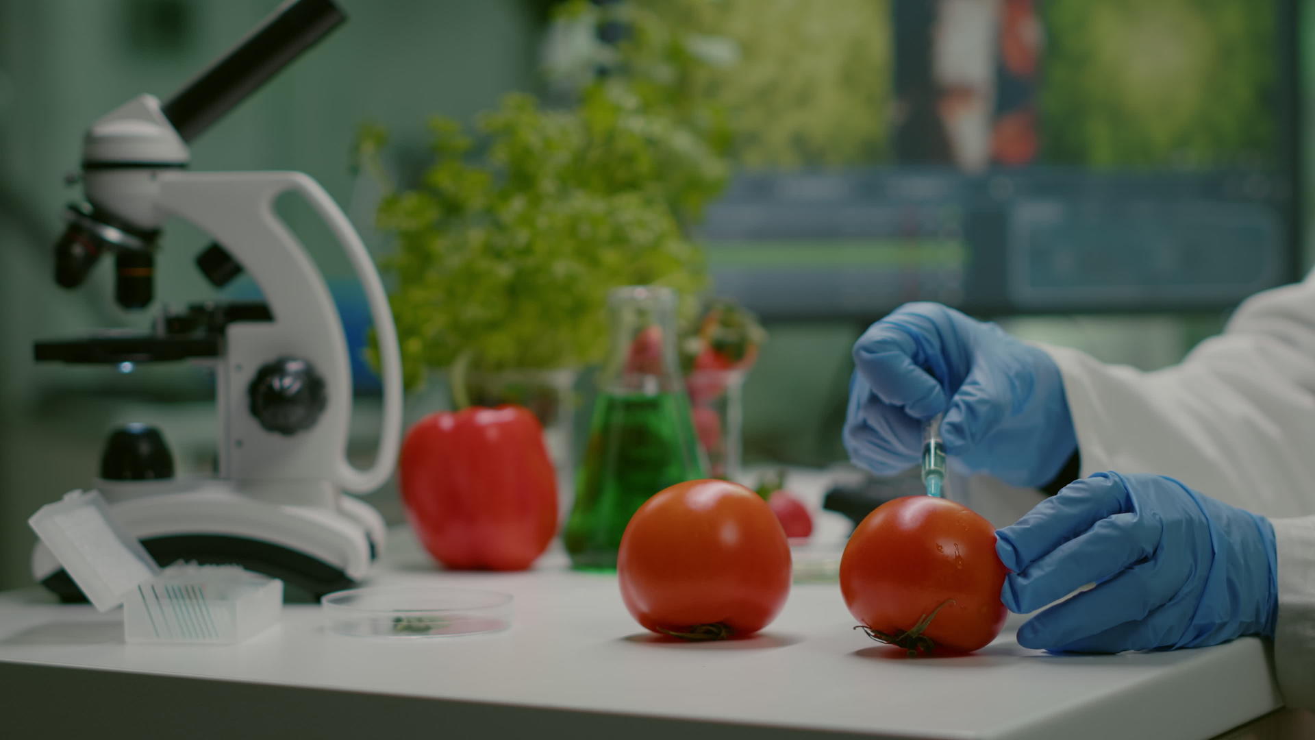 关闭化学科学家的科学家使用农药注射有机番茄视频的预览图