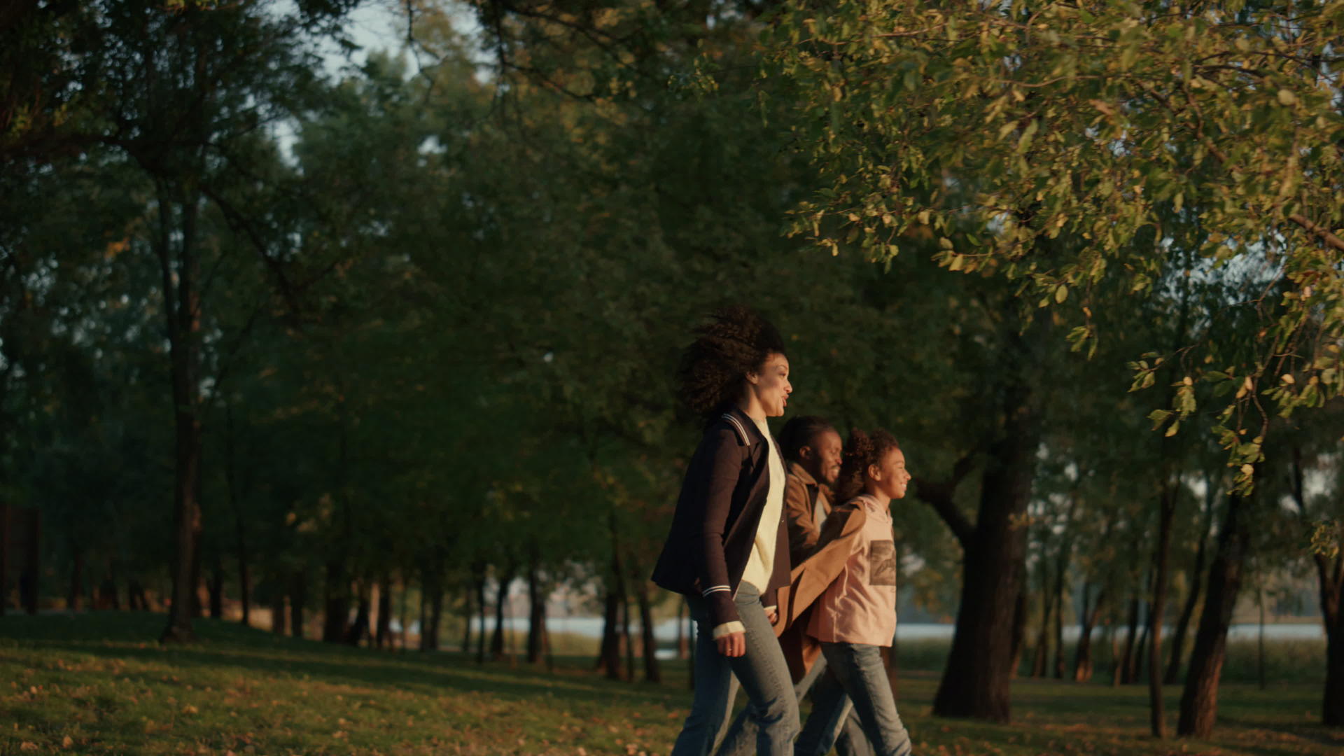 晚上金色的阳光下一家人手牵手在秋天的公园里散步视频的预览图