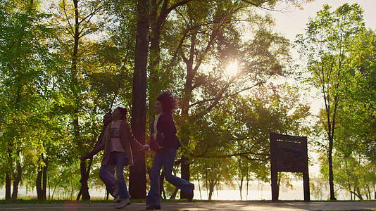 非洲裔美国父母手拉手走在绿色公园的人行道上视频的预览图