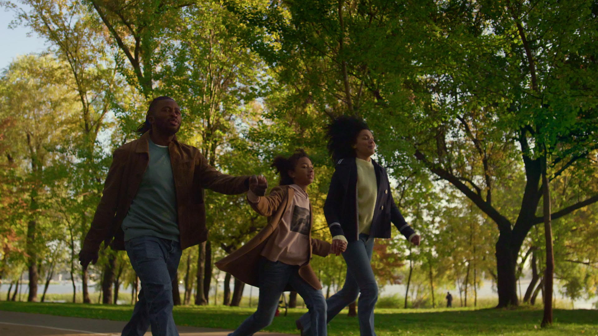 幸福的家庭手牵手在秋天的公园里散步视频的预览图