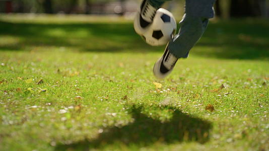 绿色场地踢足球的脚步特写在明亮的眼睛下视频的预览图