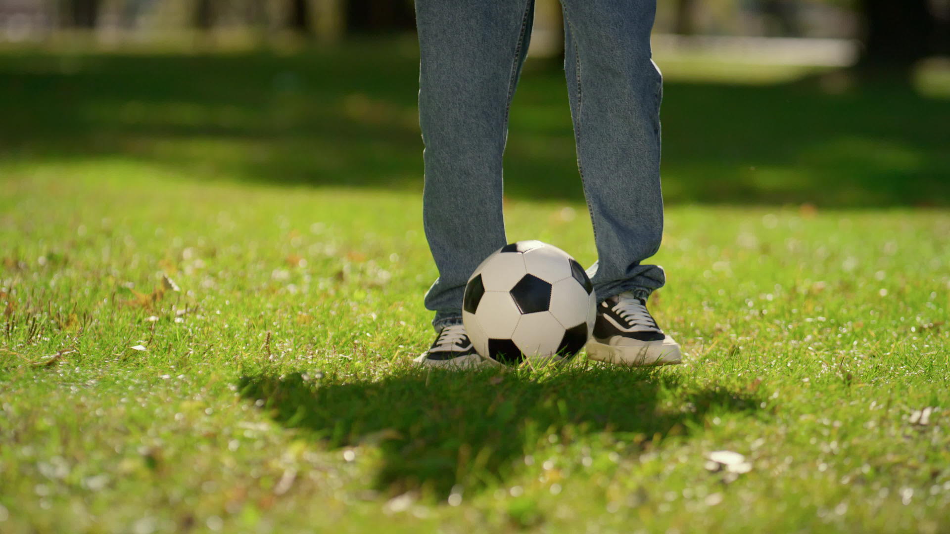 男性在绿色田野阳光明媚的公园特写镜头上踢足球视频的预览图
