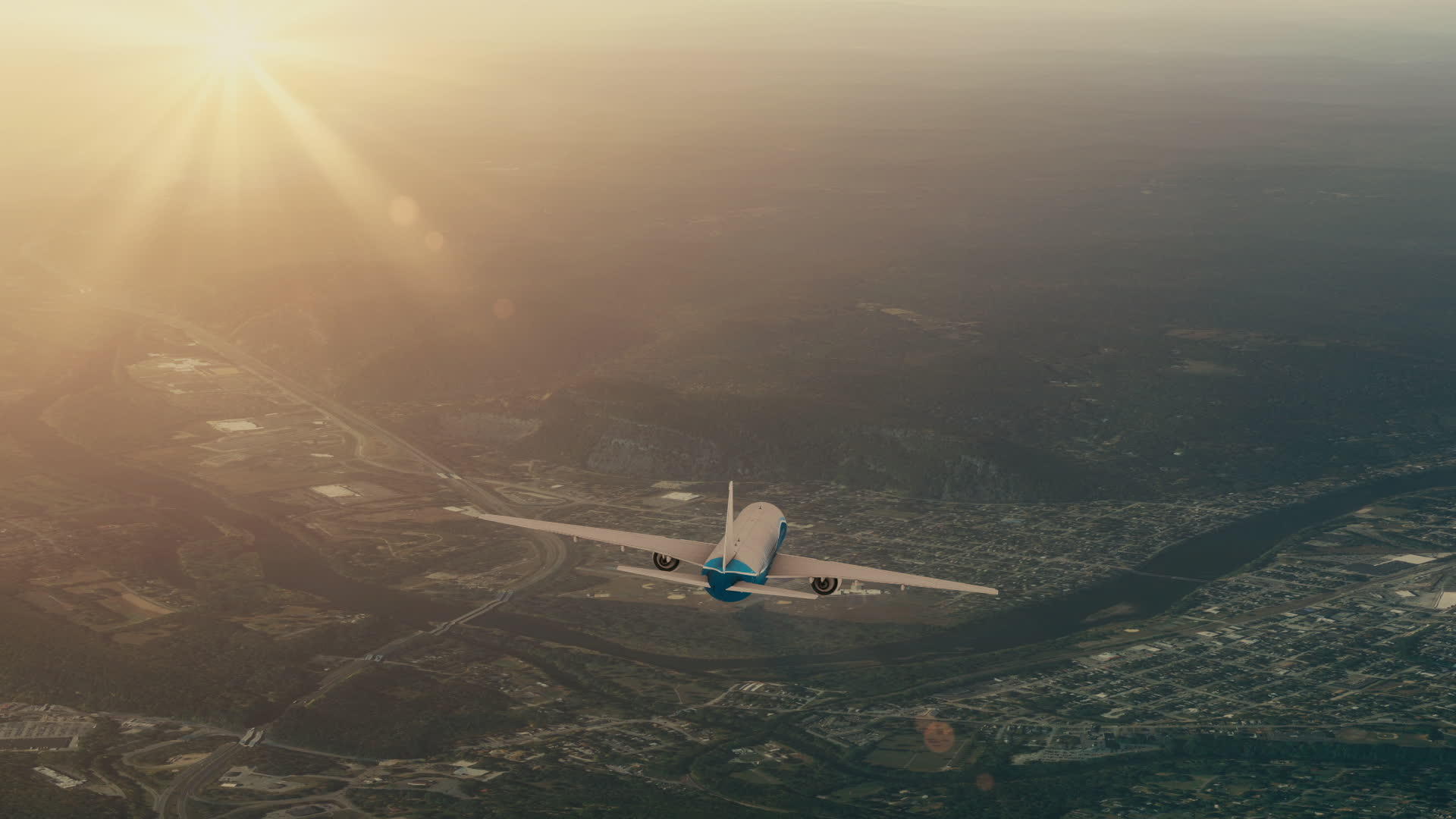 商用飞机在日落时在空中飞行视频的预览图