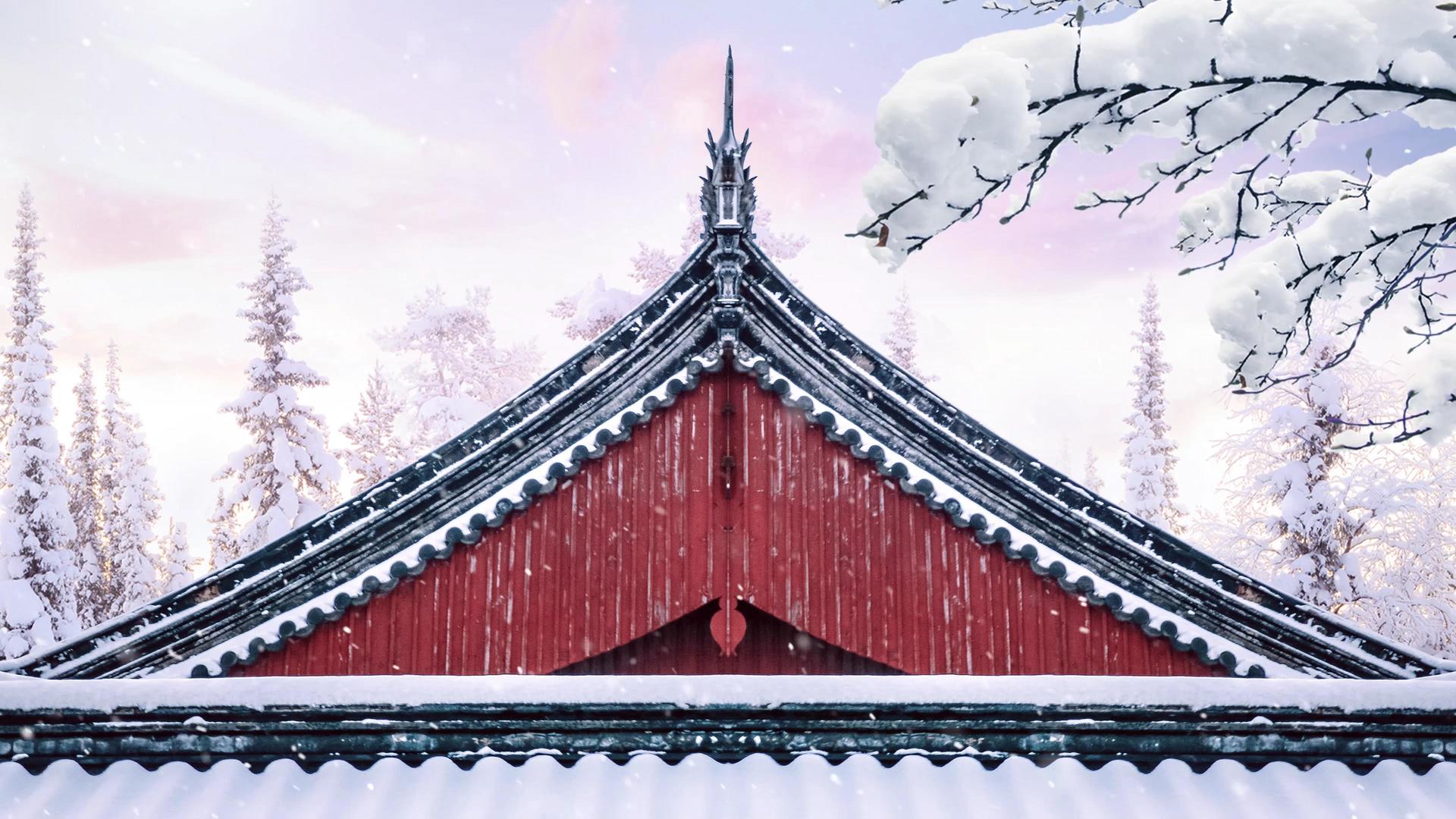 4K中国风古建筑冬季雪花飘飘背景视频视频的预览图