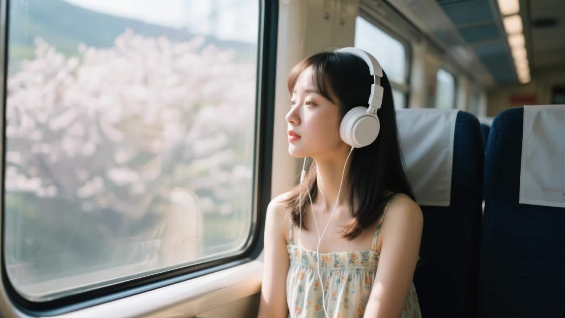 美女们坐在高铁上戴着耳机欣赏窗外的风景视频的预览图