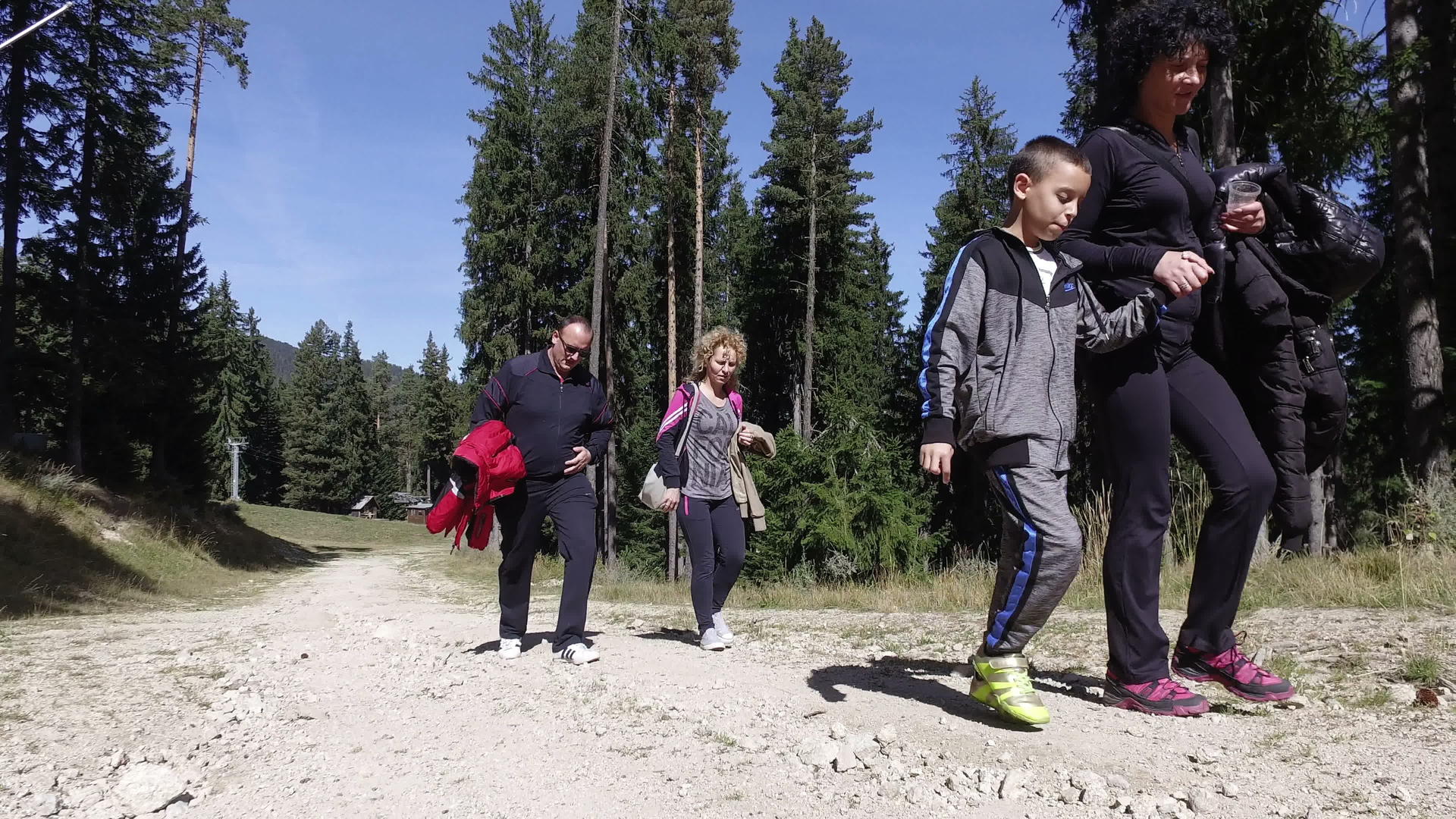一群家庭慢动作在山上漫步视频的预览图