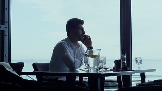 优雅的男企业家在现代餐厅休息时谈论智能手机视频的预览图