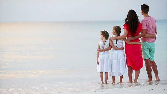 快乐美丽的家庭在海滩上日落时父母和孩子的背影视频的预览图