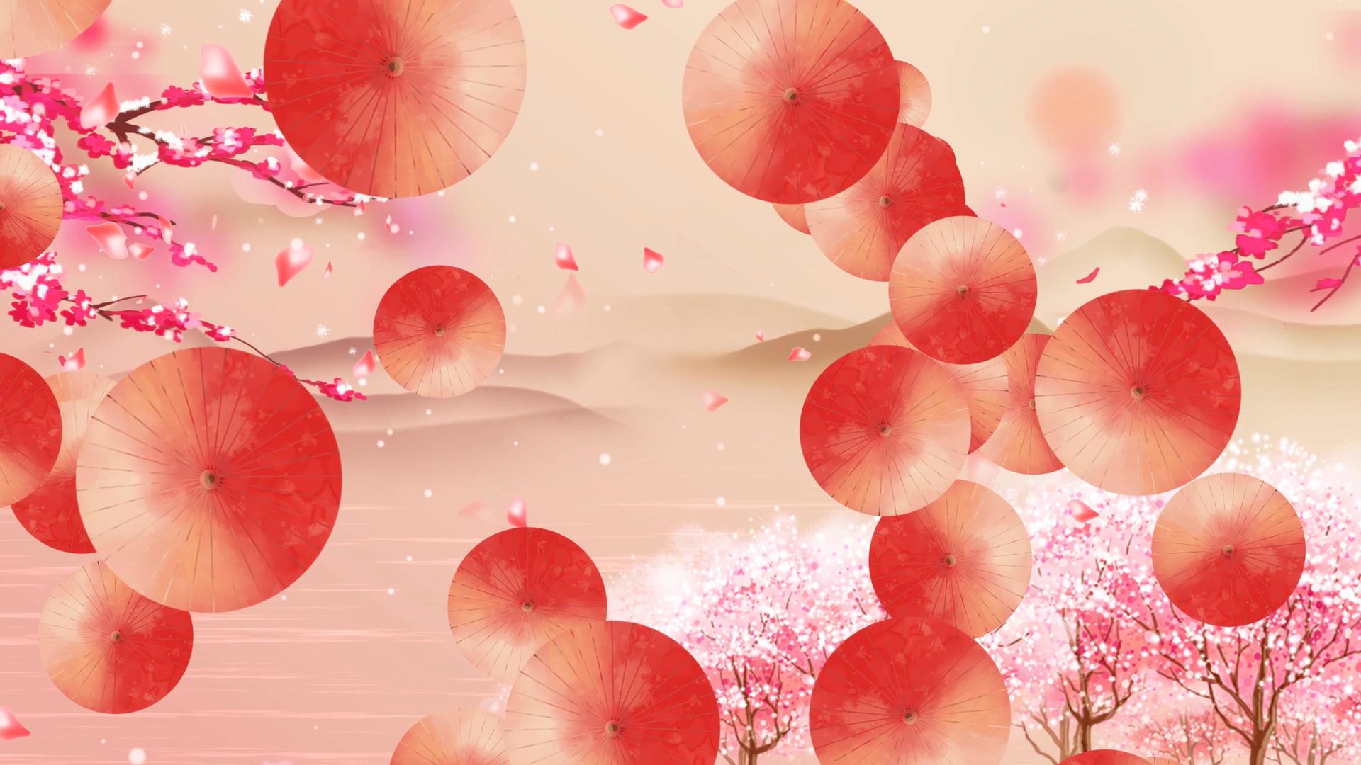 唯美富丽中国风水墨复古红色油纸伞漂浮桃花古风桃花背景视频的预览图