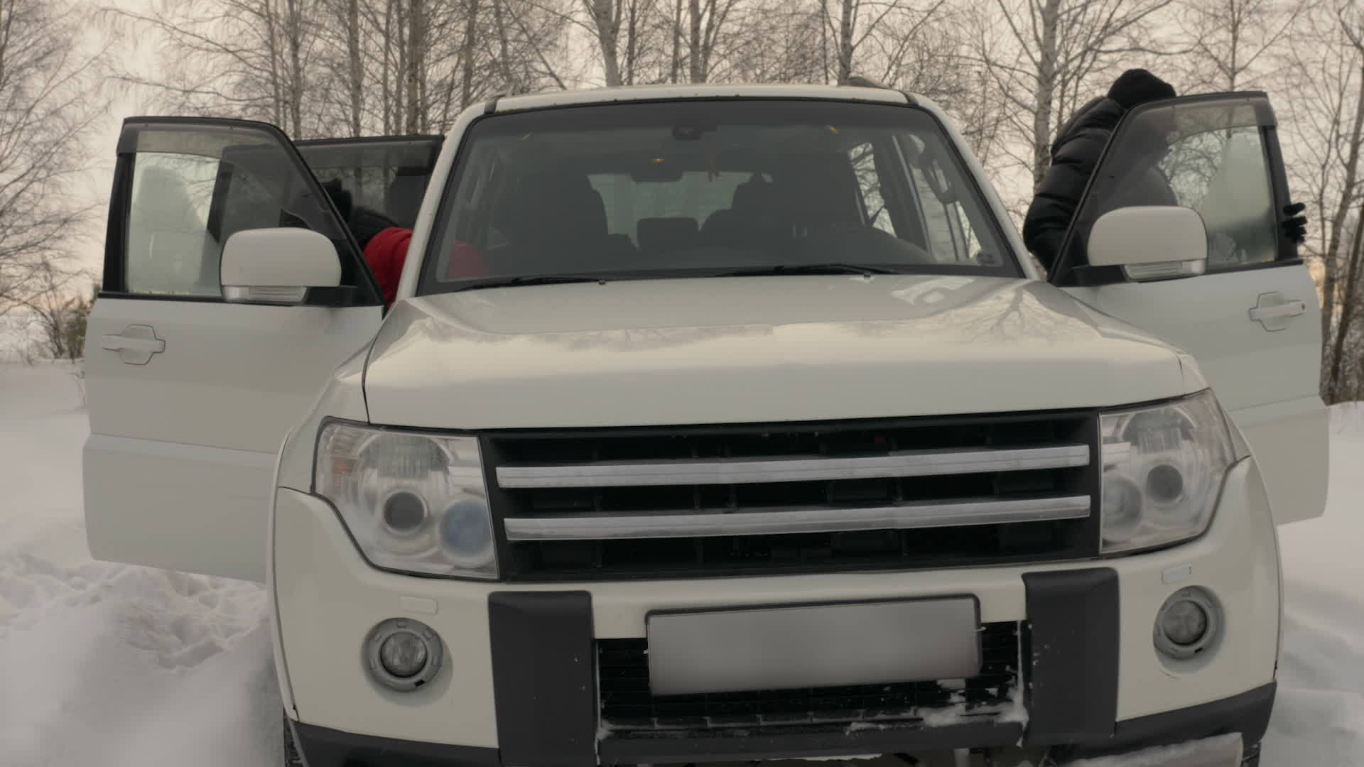 冬天旅行时站在雪林里一家人从车里出来视频的预览图