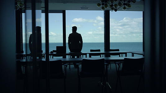 CEO裁剪影思考海全景窗口视频的预览图
