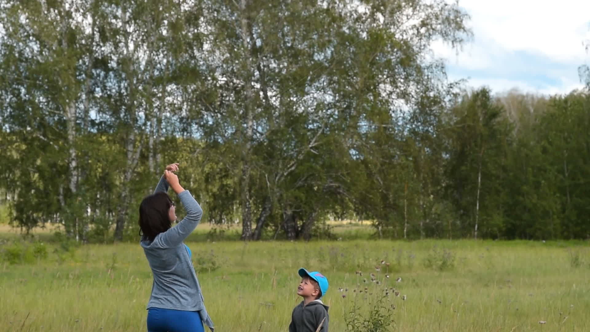 母亲和小儿子在户外放风筝视频的预览图