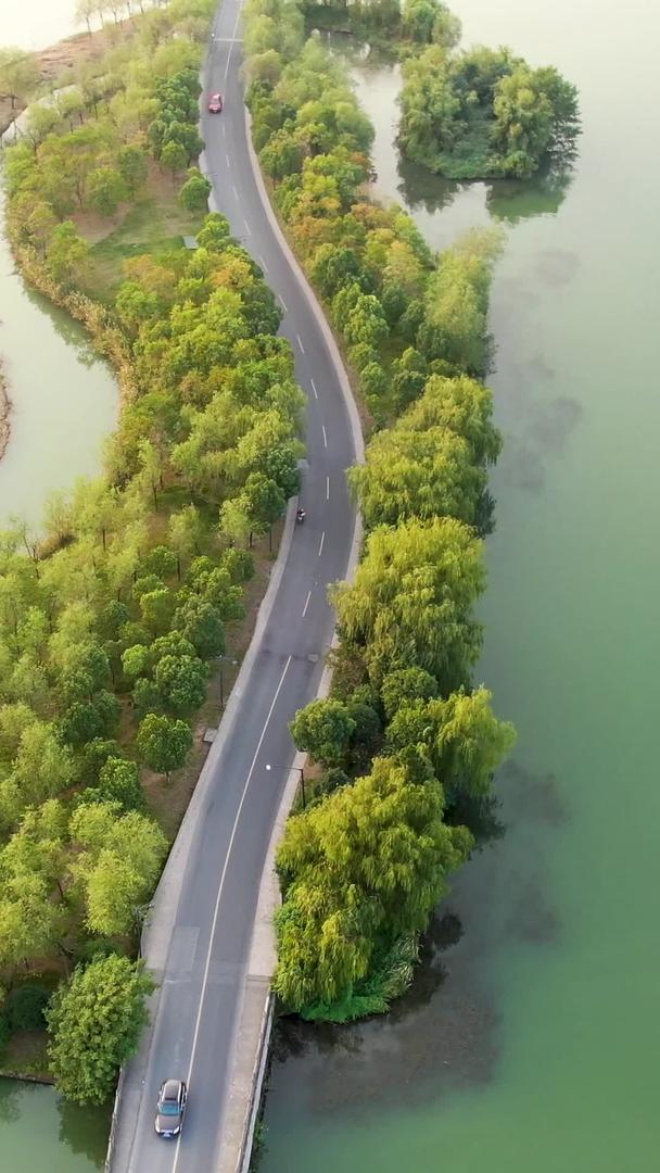 航拍车在湖面公路上行驶视频的预览图