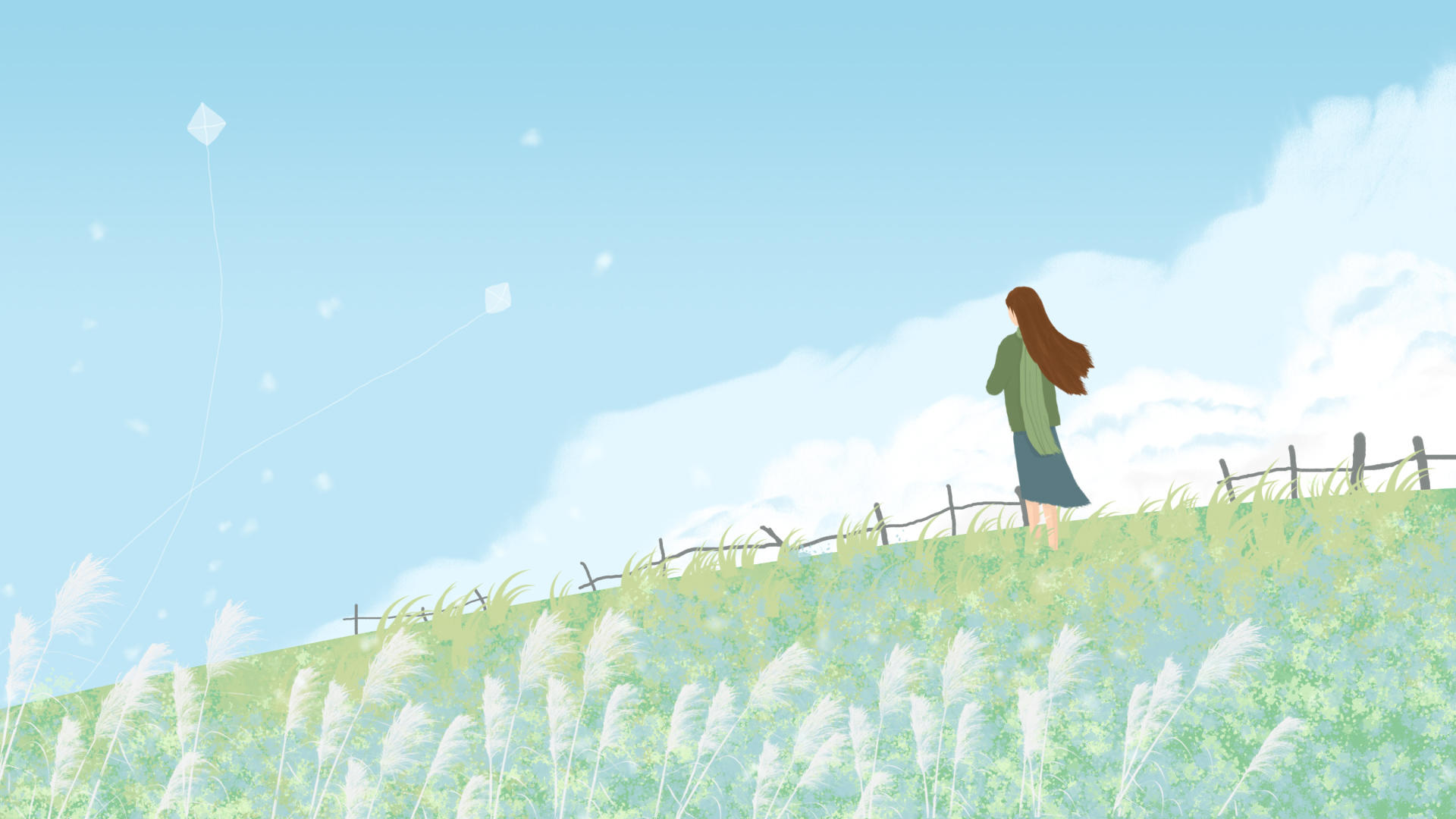 草地上看风筝的女孩动态背景视频的预览图