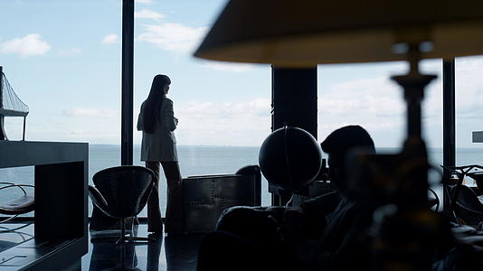 放松的女商人剪影在海景中思考视频的预览图