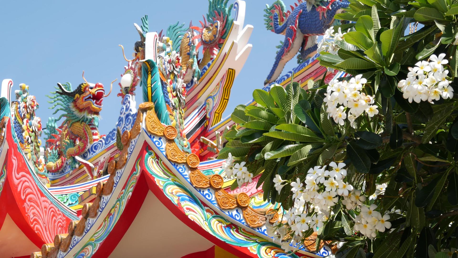 传统的东方道教寺庙屋顶细节视频的预览图