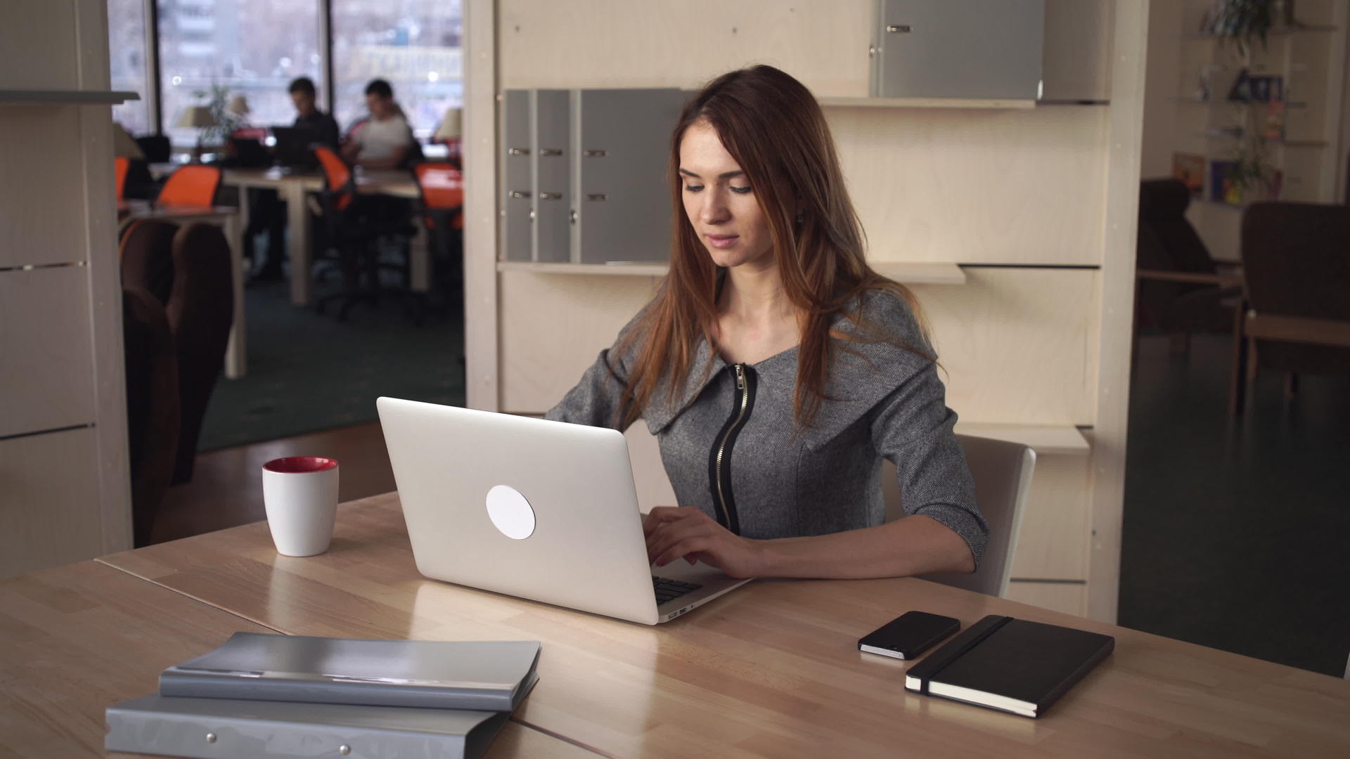 穿着灰色裙子的妇女在办公室用电脑工作视频的预览图