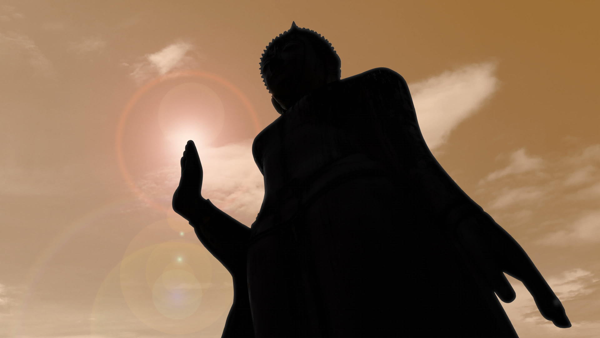 Buddha站在橙色天空中的月光雕像和落下的背景视频的预览图