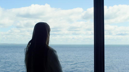 领导女性剪影思维海全景窗口视频的预览图