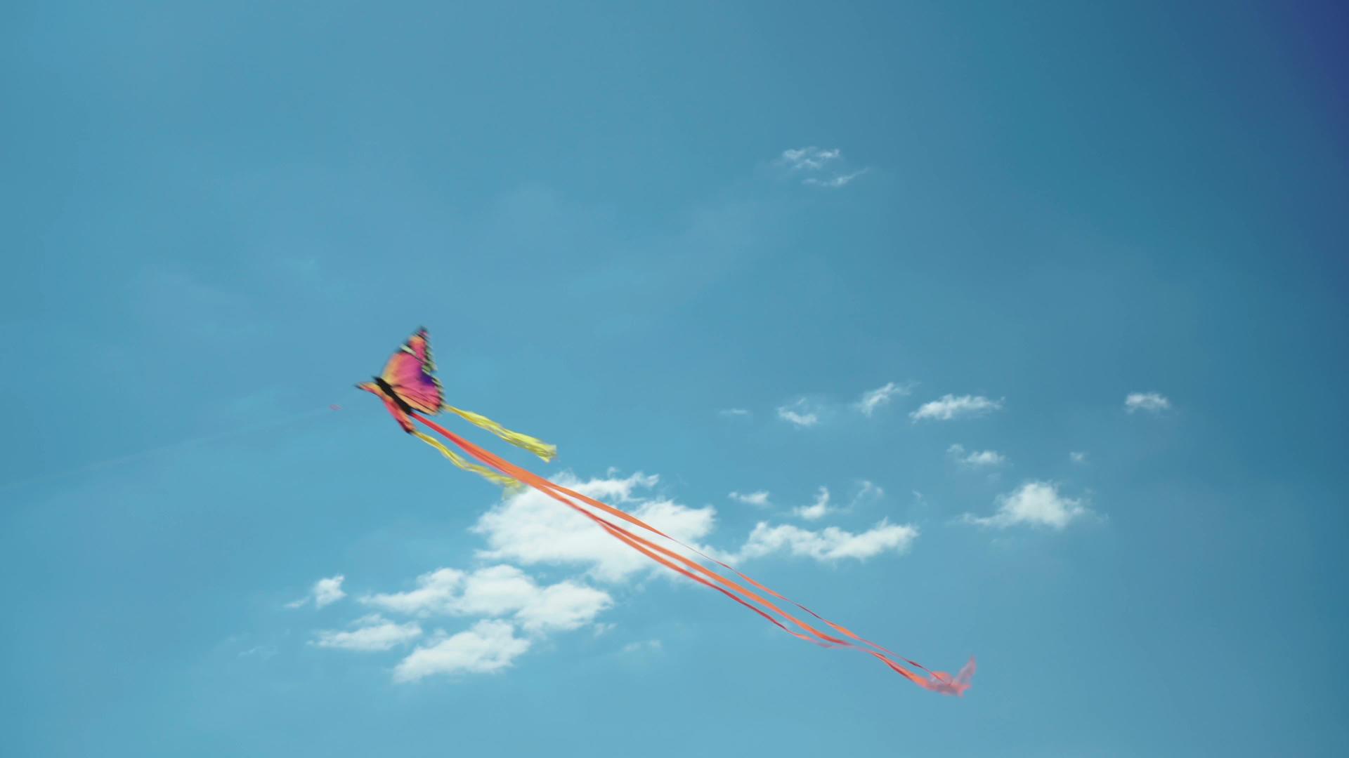 五颜六色的蝴蝶形风筝在与世隔绝的水晶蓝天中长着长长的尾巴视频的预览图