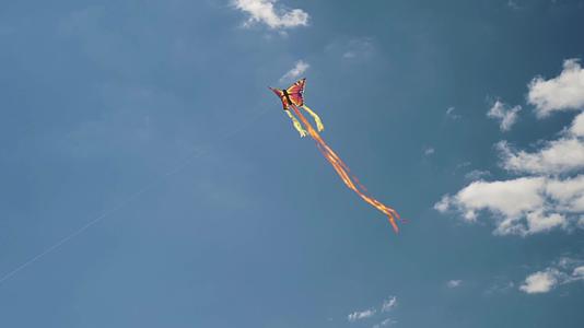 多彩蝴蝶的慢速运动风筝长尾苍蝇在水晶蓝天中被隔离视频的预览图
