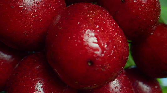 特写镜头红樱桃浆果挂在夏季农贸市场的生长分支上视频的预览图