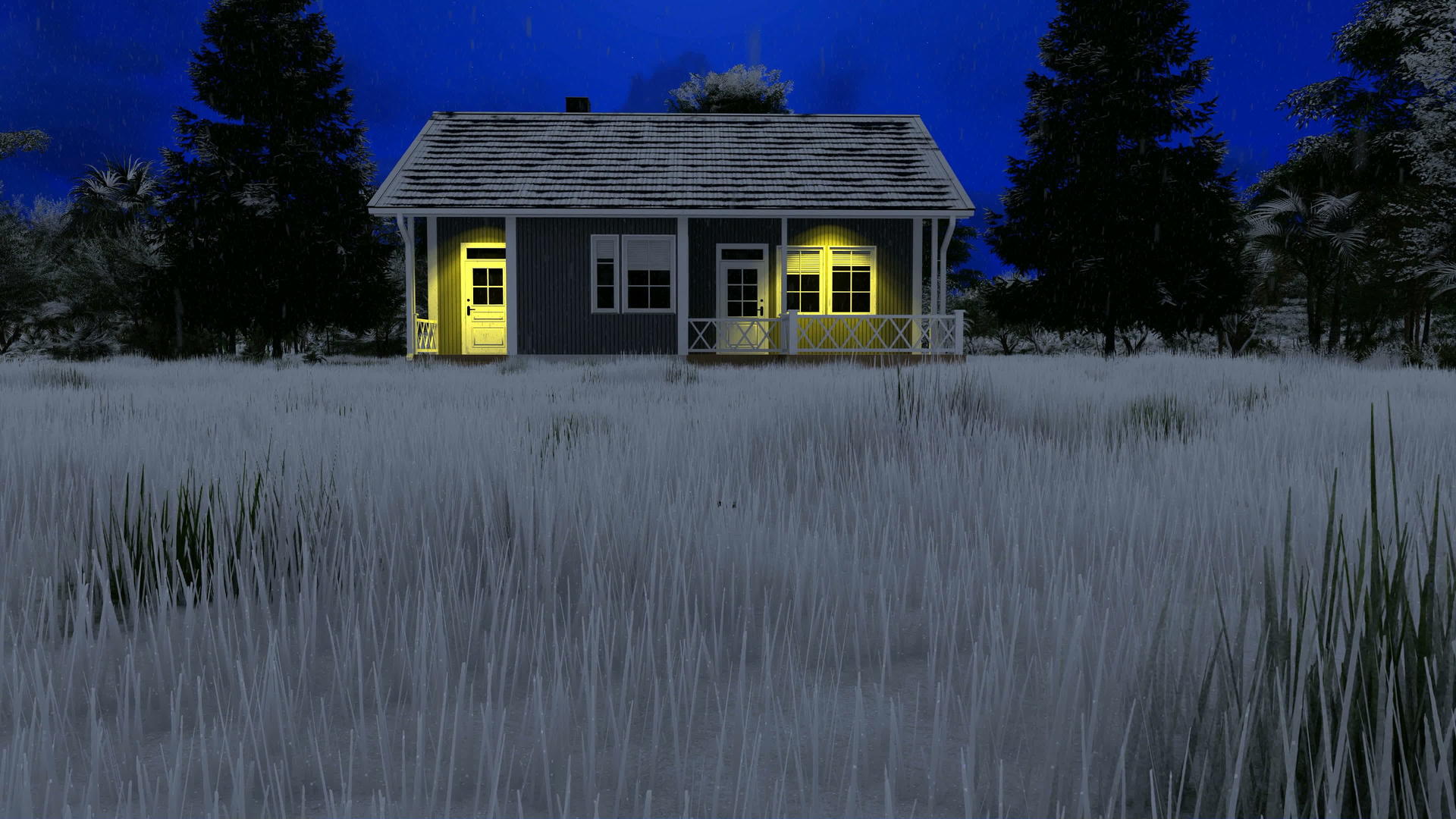 森林里的小房子晚上下雪的时候视频的预览图