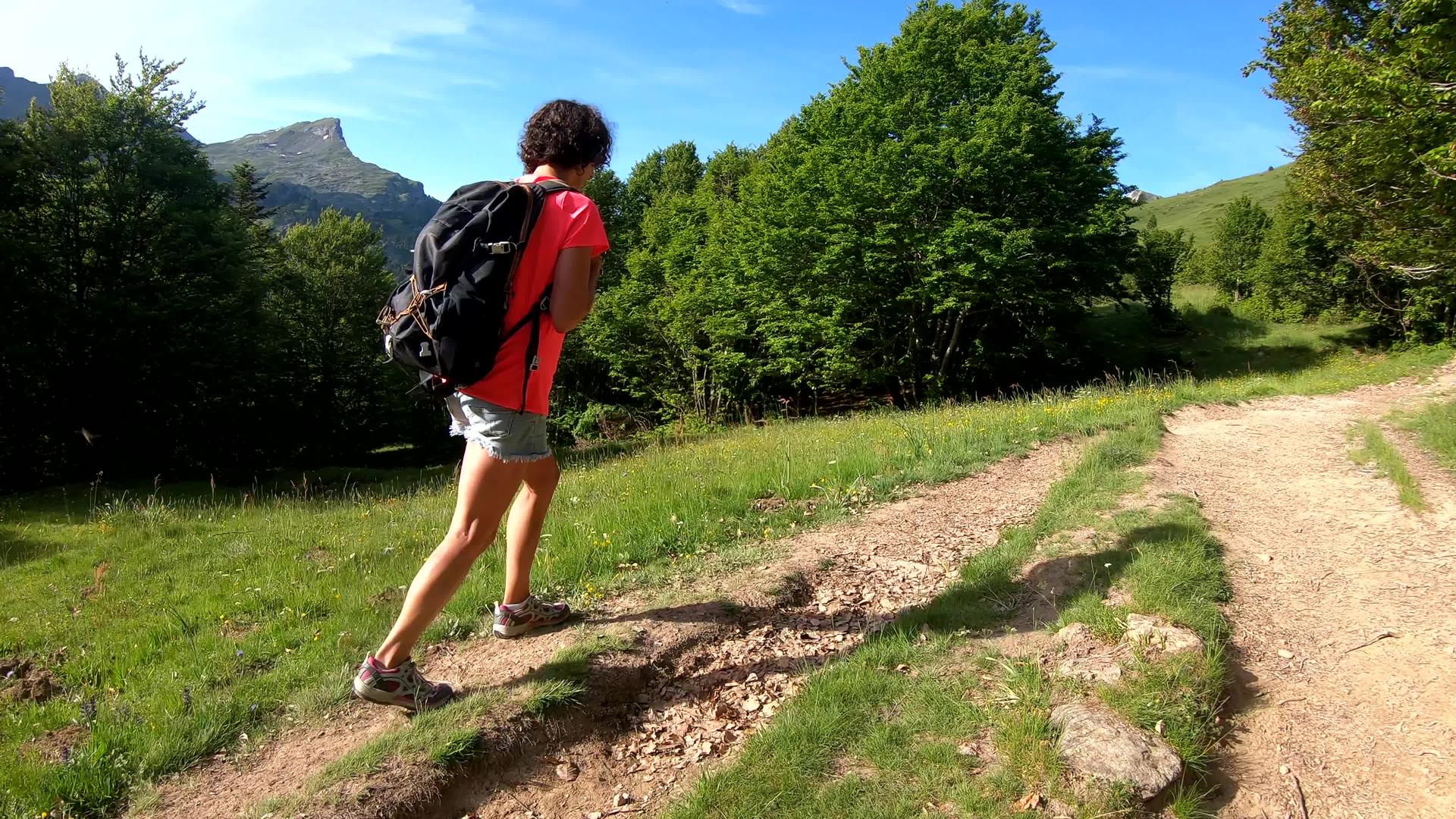 远足妇女走在比利牛斯山的路上视频的预览图
