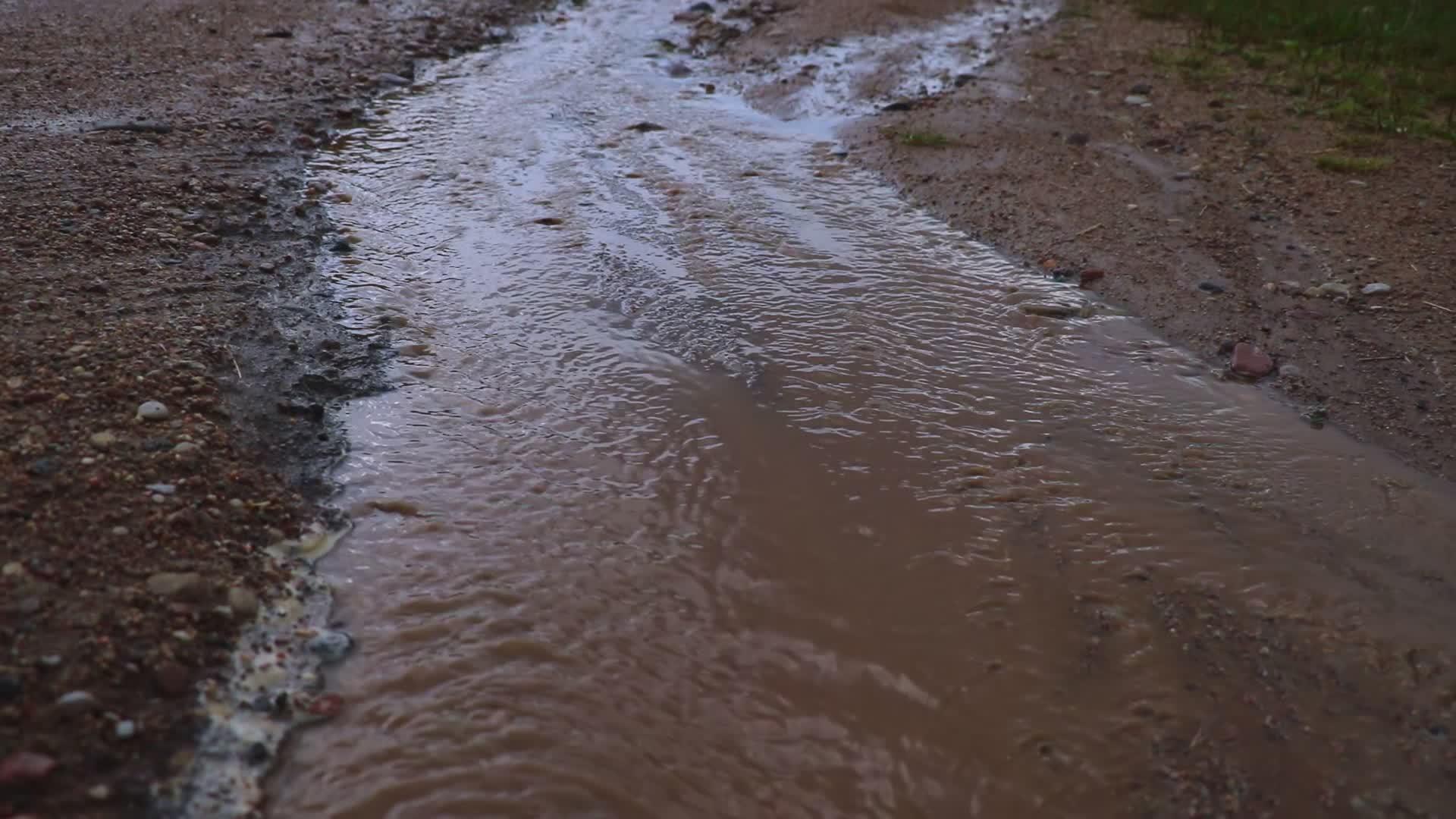 雨后小溪流中有黄色的水流视频的预览图